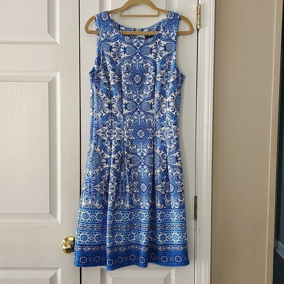 Gabby  Skye blue white printed  dress  Sz 8 - Picture 1 of 5